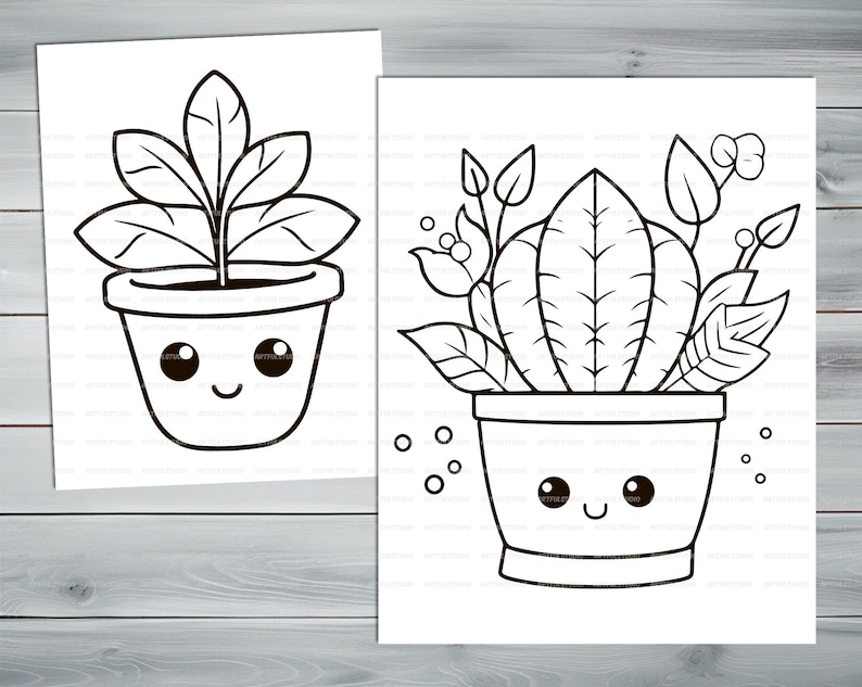 Anime kawaii plants PDF coloring book Printable colouring pages for little kids cartoon funny characters thick outlines houseplants image 10