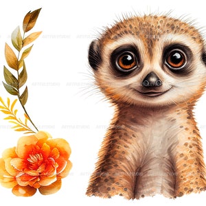 Watercolor cute baby meerkats clipart-Realistic meerkat with flower-Baby Shower Graphics-Nursery Decor Wall Art-African Animal's portrait image 6