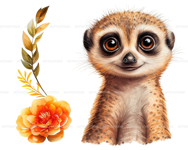 Watercolor cute baby meerkats clipart-Realistic meerkat with flower-Baby Shower Graphics-Nursery Decor Wall Art-African Animal's portrait image 6