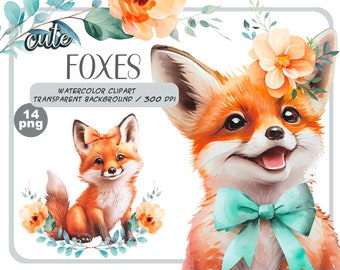 Clipart di volpe acquerello: volpe rossa con fiore (download digitale PNG)