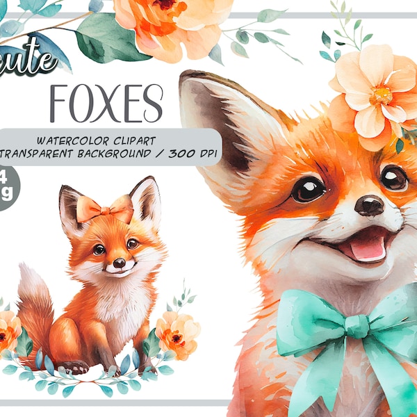 Watercolor cute baby fox clipart-Realistic red fox with flower-Baby Shower Graphics-Nursery Decor Wall Art-Woodland Animal-fox pet portrait