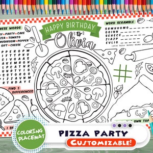 Customizable pizza Party Placemat Happy Birthday coloring book Personalized Printable coloring page pizza Custom Birthday Party image 1