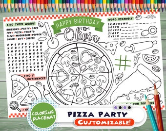 Customizable pizza Party Placemat - Happy Birthday coloring book - Personalized Printable coloring page - pizza Custom Birthday Party