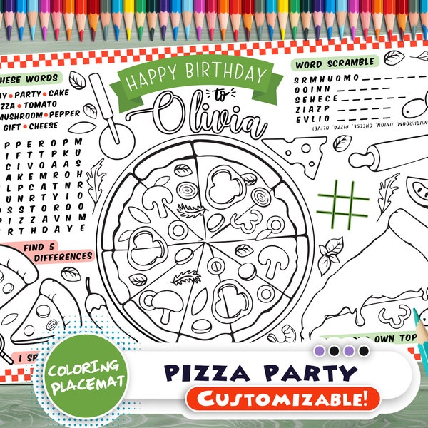 Customizable pizza Party Placemat - Happy Birthday coloring book - Personalized Printable coloring page - pizza Custom Birthday Party