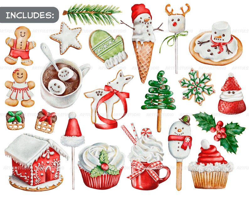Watercolor Christmas sweets clipart snowman holiday food winter sweet, desserts, hot chocolate, cupcakes, candy, cookies sublimation image 2