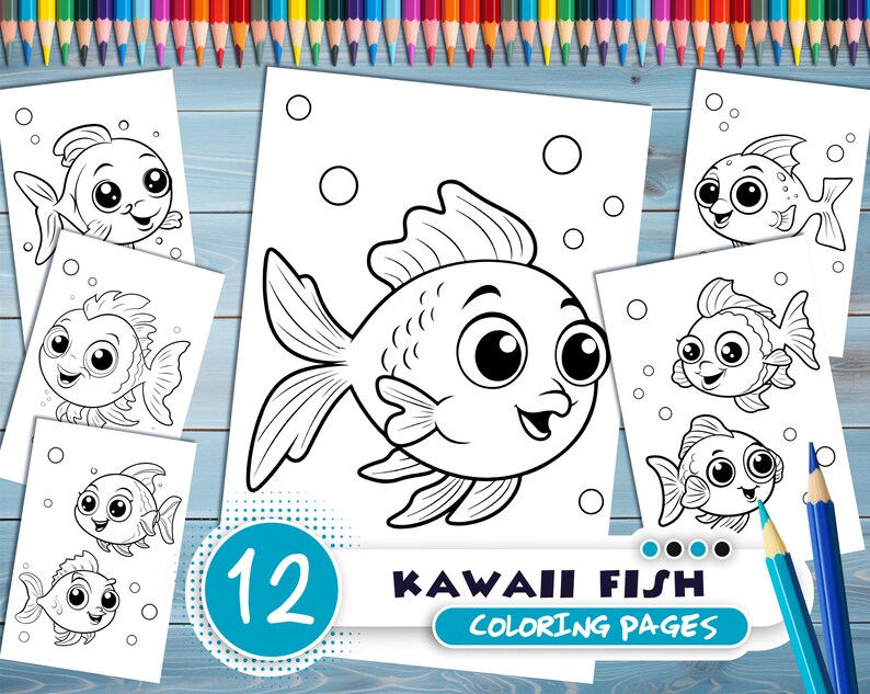 Kawaii fish PDF coloring book Printable colouring pages for kids Cartoon cute small fish, underwater scene, goldfish thick outlines image 1