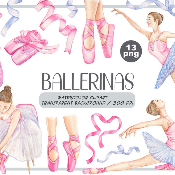 Watercolor ballerinas clipart - gentle dancers - dancing illustrations - pink, lilac - pointe shoes, ribbons, tutu skirt - for a girl's room