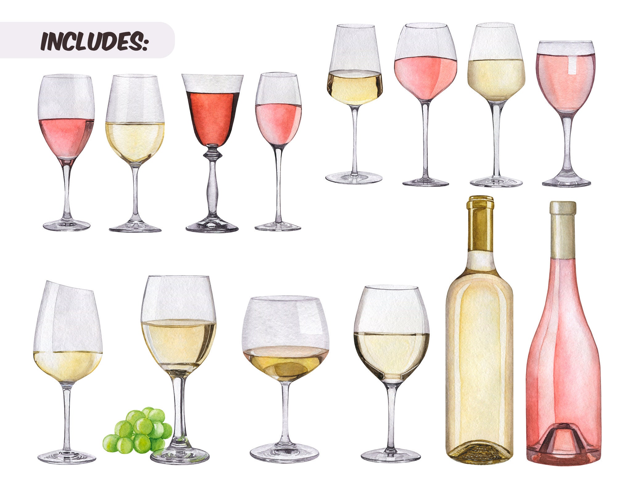 Watercolor White and Rose Wine Clipart Alcoholic Drinks Wine Glasses