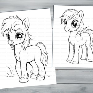 Cute little pony PDF coloring book Printable colouring pages for kids Cartoon cute funny horses coloring thick outlines farm animals image 8