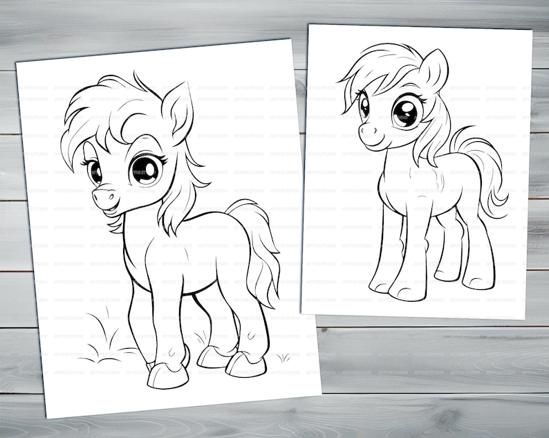 Cute little pony PDF coloring book Printable colouring pages for kids Cartoon cute funny horses coloring thick outlines farm animals image 8