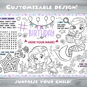 Customizable Mermaid Party Placemat Happy Birthday coloring book Personalized Printable coloring page Princess Custom Birthday Party image 3