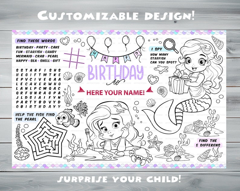 Customizable Mermaid Party Placemat Happy Birthday coloring book Personalized Printable coloring page Princess Custom Birthday Party image 3