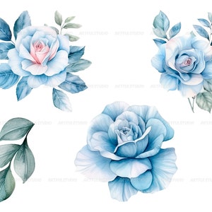 Watercolor blue delicate roses clipart flower illustration floral arrangements, dusty light blue rose pastel vintage wedding flowers image 5