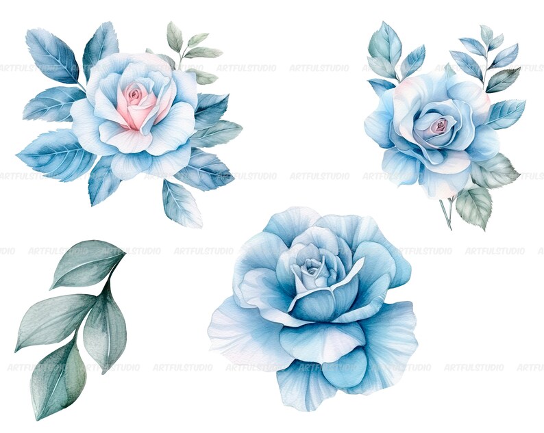 Watercolor blue delicate roses clipart flower illustration floral arrangements, dusty light blue rose pastel vintage wedding flowers image 5