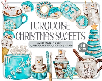 Aquarell Weihnachtssüßigkeiten Clipart: Türkis Desserts (PNG)