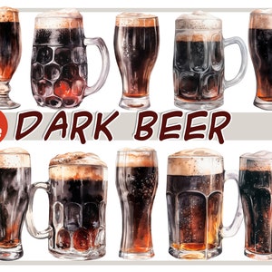 May include: Twelve illustrations of dark beer in various glass mugs and glasses. The illustrations are in a watercolor style.
