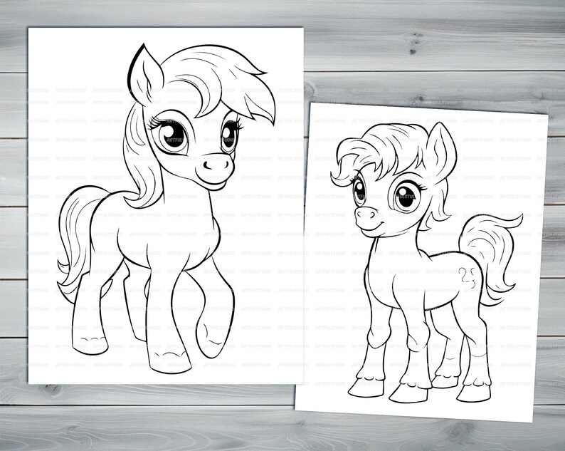 Cute little pony PDF coloring book Printable colouring pages for kids Cartoon cute funny horses coloring thick outlines farm animals image 3