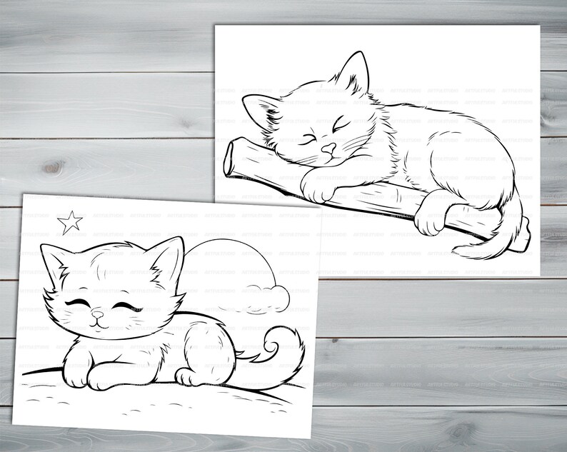 Sleeping cats PDF coloring book Printable colouring pages for kids Cute Cartoon cat coloring thick outlines for children's creativity image 3
