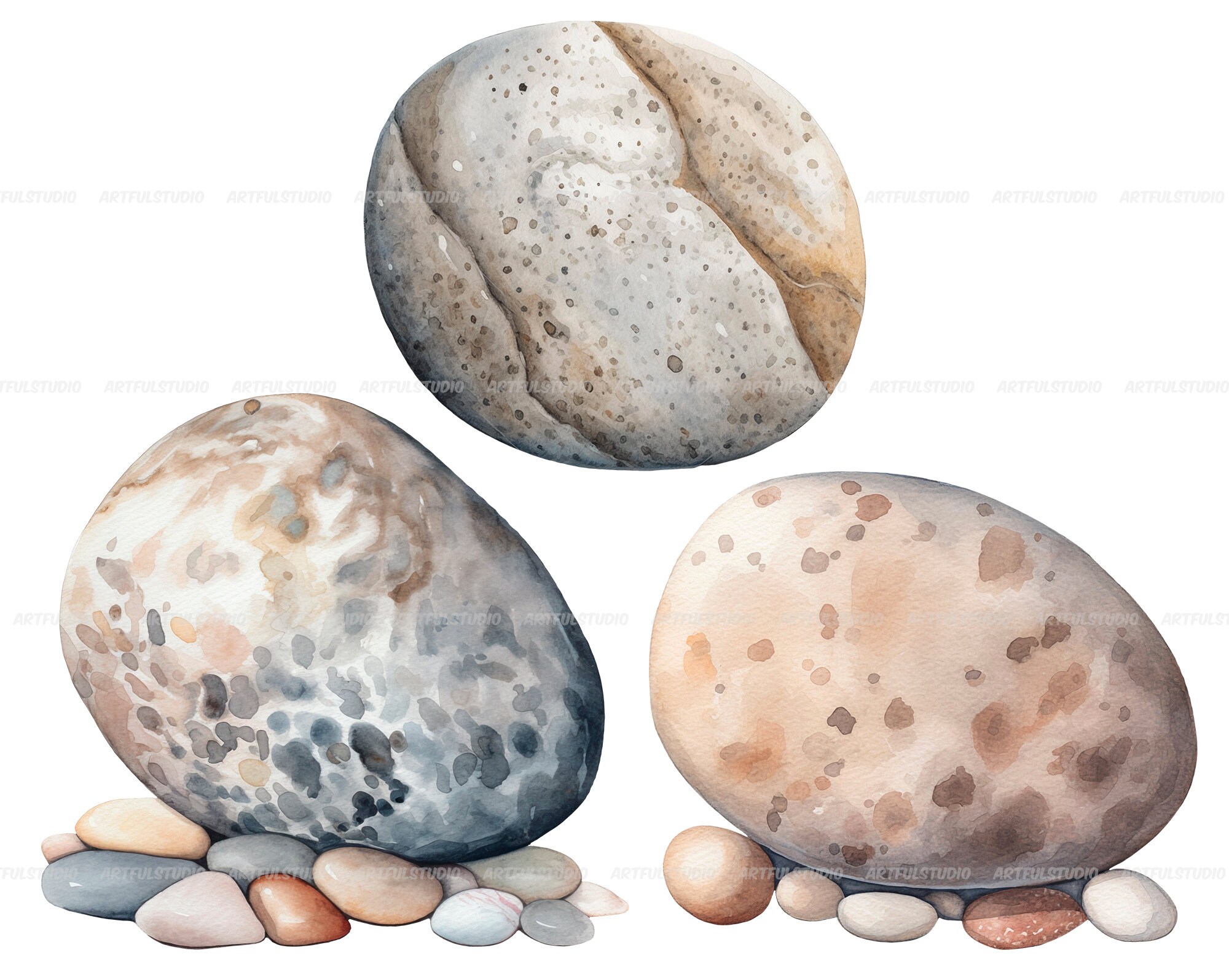 Pebbles Graphics Watercolor Beach Pebbles Clipart: Stone Graphics (PNG Digital Download ...
