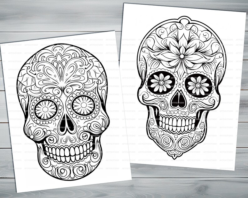 Calavera skull PDF coloring book Printable colouring pages for adults mexican traditions day of the dead halloween skull and flowers image 5