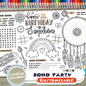 Customizable boho Party Placemat Happy Birthday coloring book Personalized Printable coloring page boho Feathers Custom Birthday Party image 1