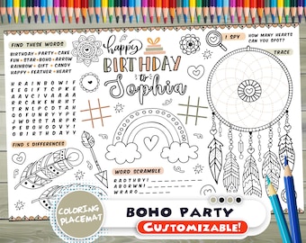 Customizable boho Party Placemat - Happy Birthday coloring book - Personalized Printable coloring page -boho Feathers Custom Birthday Party