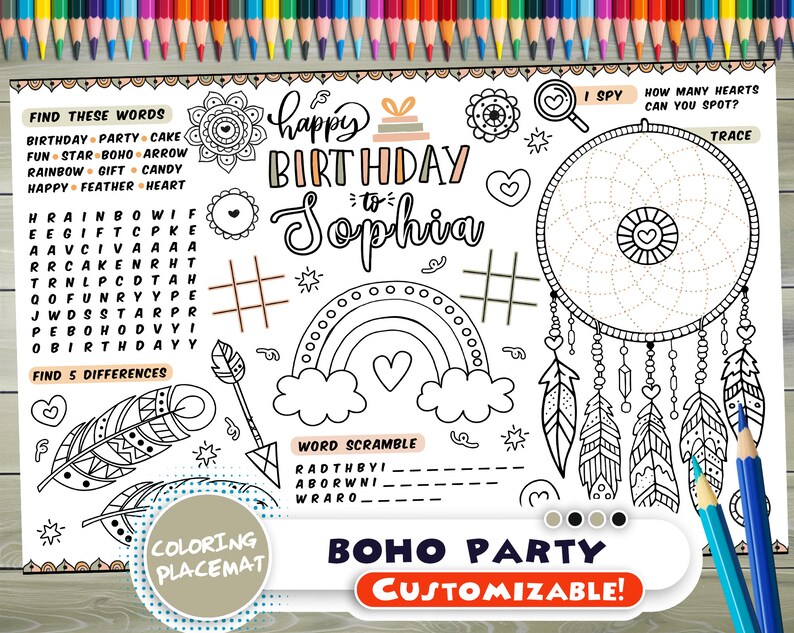 Customizable boho Party Placemat Happy Birthday coloring book Personalized Printable coloring page boho Feathers Custom Birthday Party image 1
