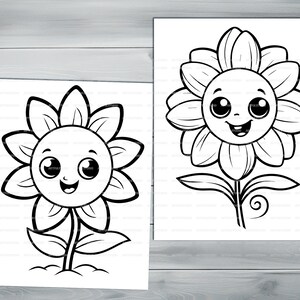 Kawaii flowers PDF coloring book Printable colouring pages for kids Cartoon potted flower, sunflower, houseplant thick outlines image 5