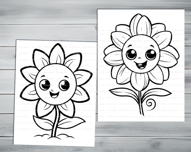 Kawaii flowers PDF coloring book Printable colouring pages for kids Cartoon potted flower, sunflower, houseplant thick outlines image 5