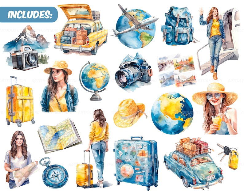 Watercolor travel lover clipart Summer Holiday Illustration-Vacation clipart-Tourism clipart-Planner clipart-Adventure clipart-cruise PNG image 2