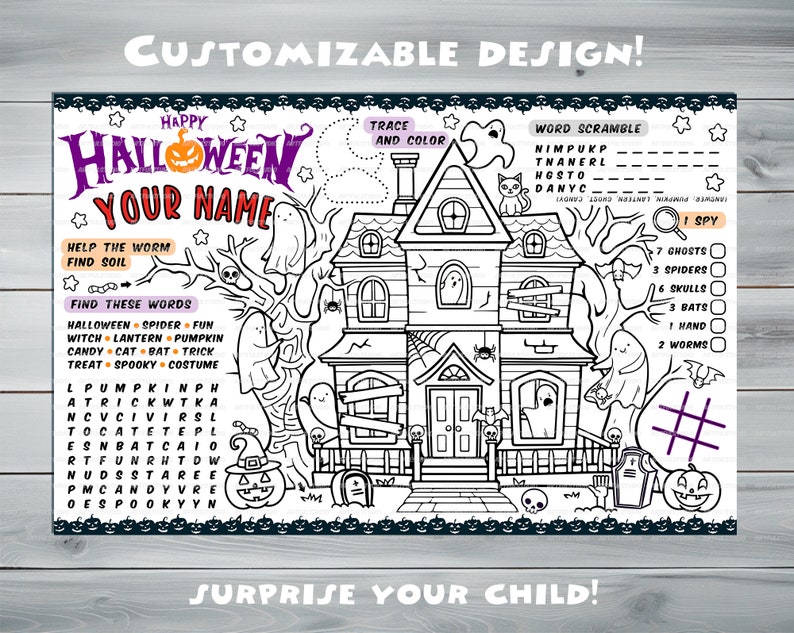 Customizable halloween Party Placemat haunted house coloring book Personalized Printable page-Custom halloween games-Kids Activity Sheet image 3