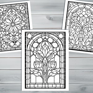 Stained glass PDF coloring book Printable colouring pages for adults colorful glass, mosaic pattern stained-glass window for coloring image 6