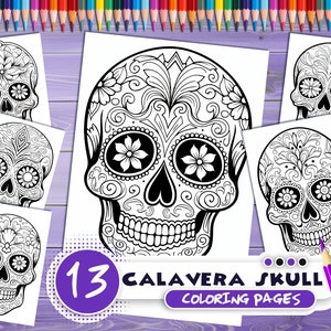 Calavera skull PDF coloring book Printable colouring pages for adults mexican traditions day of the dead halloween skull and flowers image 1