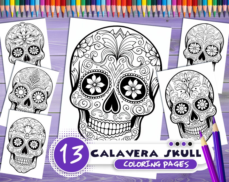 Calavera skull PDF coloring book Printable colouring pages for adults mexican traditions day of the dead halloween skull and flowers image 1