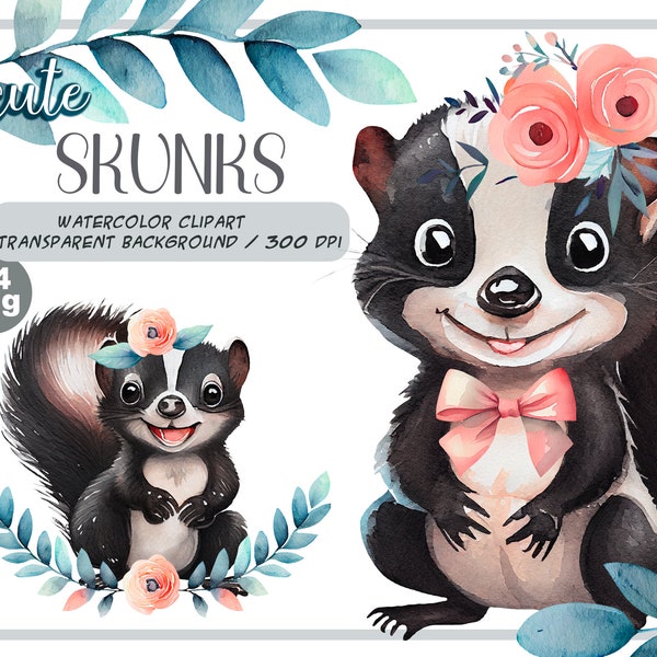 Watercolor cute baby skunks clipart-Realistic skunk with flower-Baby Shower Graphics-Nursery Decor Wall Art-African Animal-pet portrait