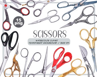 Watercolor vintage scissors clipart - antique sewing accessories - retro scissors -hairstylist Png Set - Embroidery Scissors -Silver Scissor