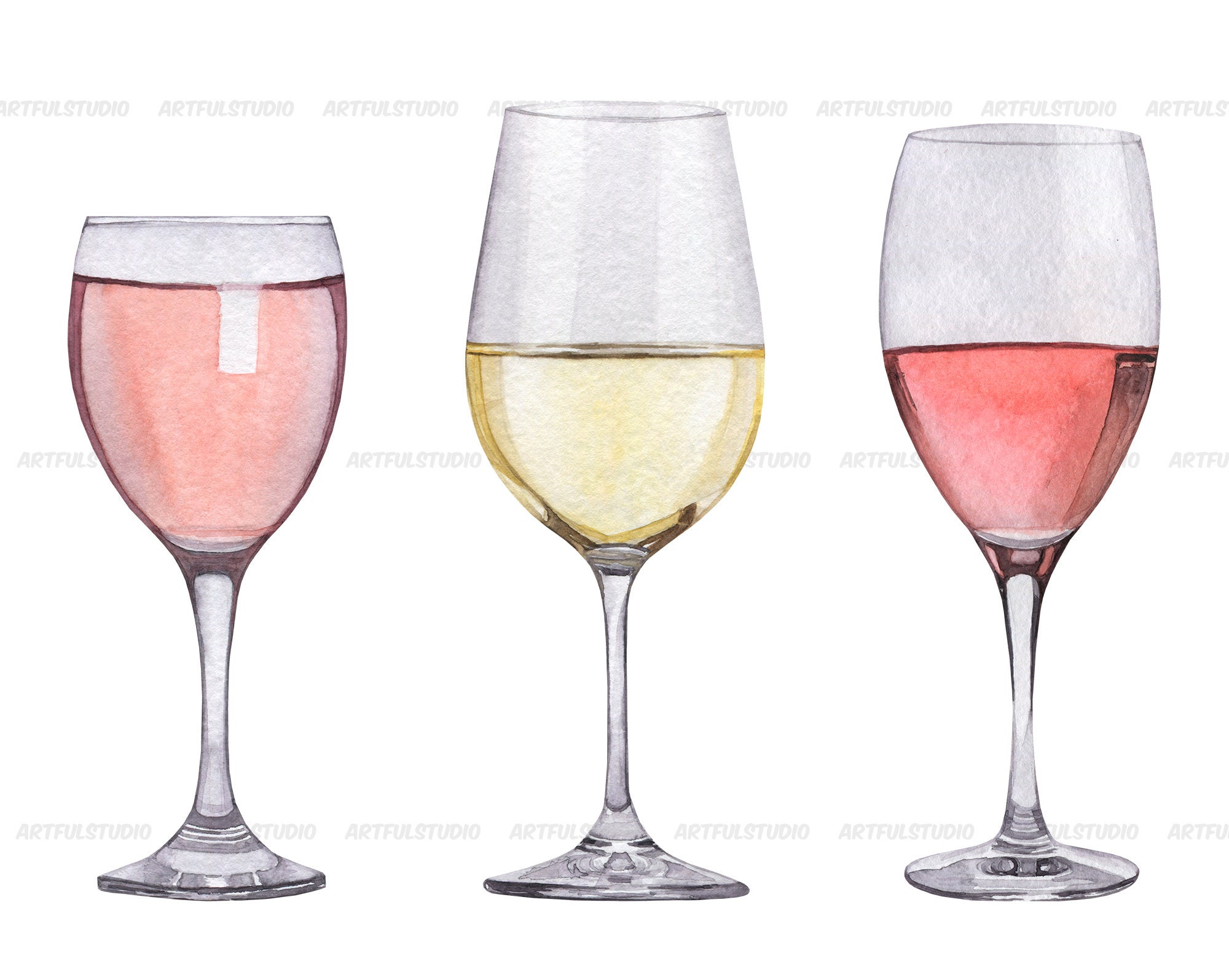 Watercolor White and Rose Wine Clipart Alcoholic Drinks Wine Glasses