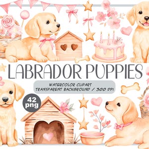 Watercolor Cute Labrador puppies clipart- Golden Retriever party decor- dog portrait - children nursery style-pastel tender digital stickers