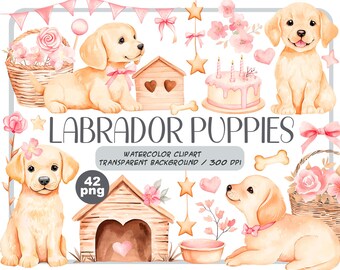 Aquarell Labrador Welpe Clipart: Pastell Kinderzimmer Deko (digitale Aufkleber)