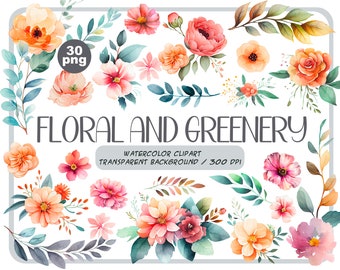 Watercolor flowers and greenery clipart - flower arrangements-branches with leaves-pastel flowers-spring floral decor-Botanical illustration