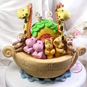 Noah&#39;s Ark 2 Cake topper, first birthday, baby shower, centerpiece, cold porcelain
