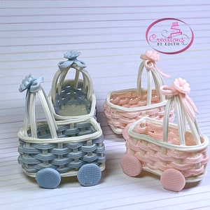 SALE!! 3 pcs., Woven baby stroller favor/ cake topper in cold porcelain/party decoration