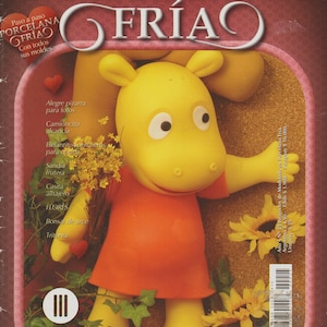 May include: A book cover with a pink background and a yellow cartoon hippopotamus wearing a red dress. The title of the book is "Proyectos de modelado en Porcelana Fría" and the subtitle is "Paso a paso Porcelana Fría Con todos sus moldes".