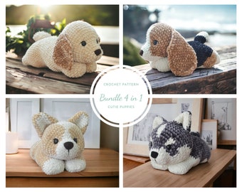 Hunde Häkelmuster 4 in 1 | Amigurumi Hund Muster | Englische PDF-Häkelanleitung