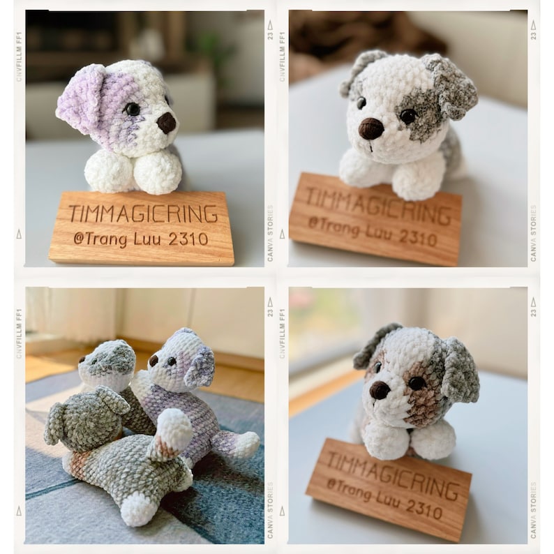 May include: Four crocheted dog plushies in various colors, including white, gray, and purple. The plushies are sitting on a wooden surface with a sign that reads "TIMMAGICRING @Trang Luu 2310".