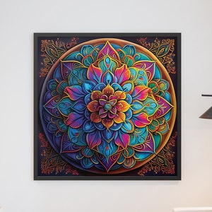 K&ouml;nnte beinhalten: Ein gerahmtes, farbenfrohes Mandala mit filigranen Details in Blaut&ouml;nen, Lila, Orange und Gelb. Das Mandala ist von einem schwarzen Rahmen umgeben.
