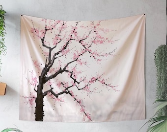 日本の禅タペストリー、タペストリーに描かれたオリジナルアート、ミニマルな壁掛け、桜のタペストリー、桜の壁掛けタペストリー、春の装飾
