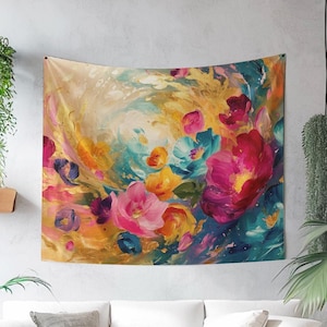 Abstract Floral Tapestry, Original Art on Tapestry, Vibrant Wall Hanging, Elegant Tapestry, Nature Indoor Wall Tapestry, Abstract Decor