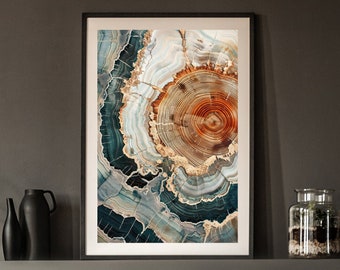 May include: Abstract art print featuring a close-up of a tree trunk cross-section with concentric rings in shades of brown, orange, and gold. The background is a swirling pattern of blue, green, and white.