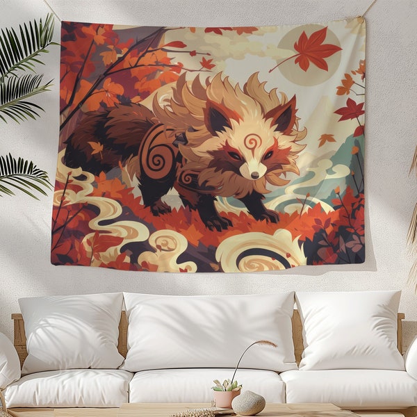 Japanese Tapestry, Original Art on Tapestry, Tanuki Wall Hanging, Japanese Raccoon Dog Spirit Folklore Tapestry, Japanese Yokai Wall Hanging